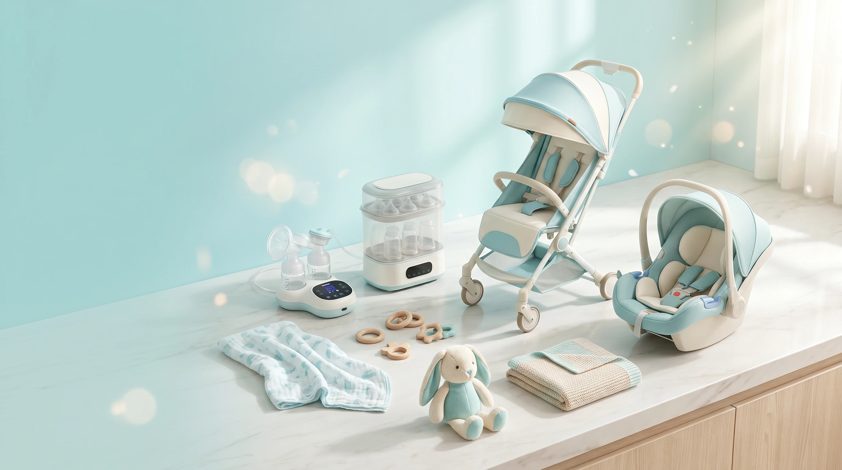 Tiffany Blue 色調嬰兒用品展示 包含嬰兒車 絨毛玩具及手搖鈴 J-H嬰兒用品店精選