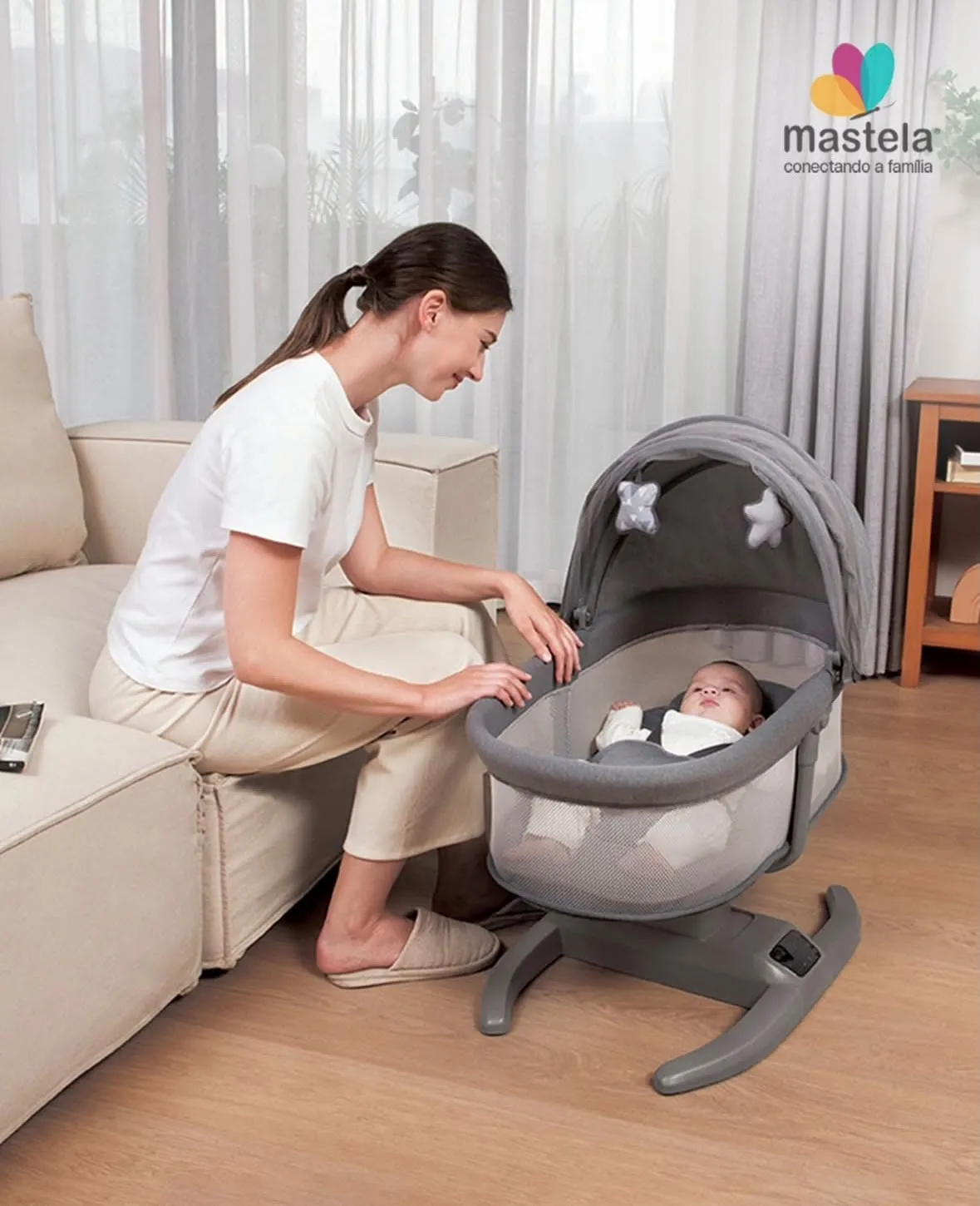 Mastela 嬰兒自動搖籃，帶智慧 LED 觸控面板、帶有多模式調節和蚊帳 初生0-15kg